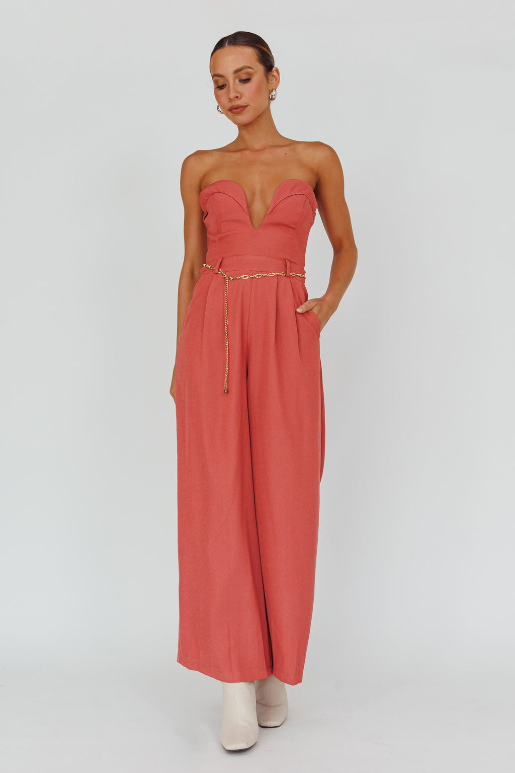Kayte Strapless Belted Waist Jumpsuit Rose by Selfie Leslie