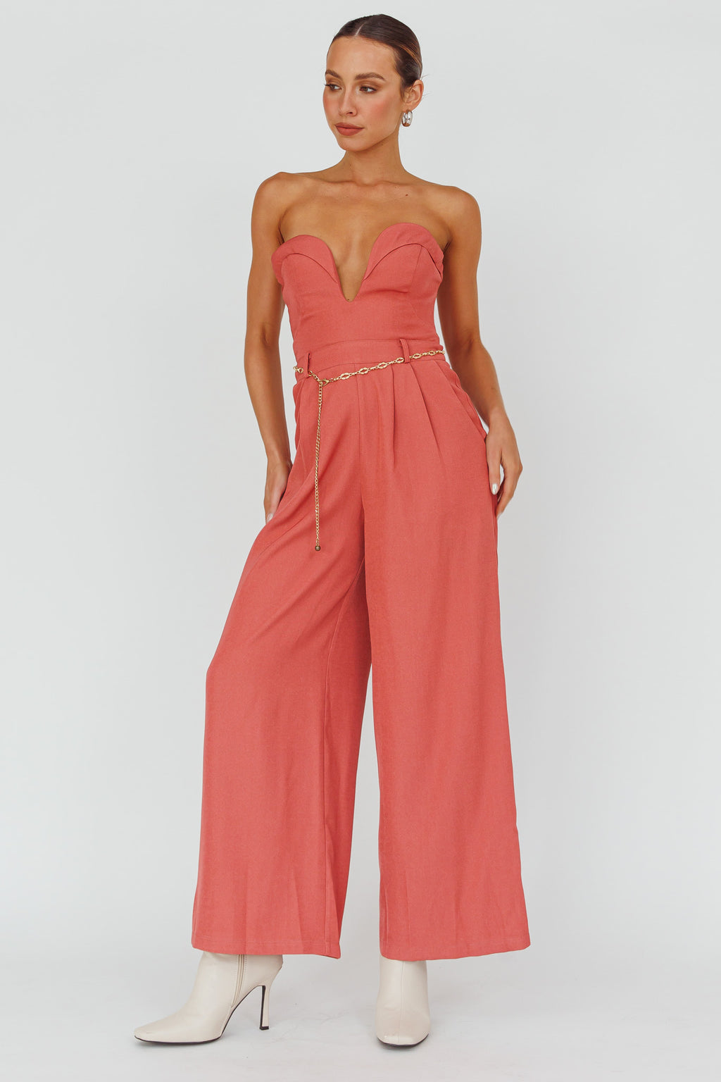 Kayte Strapless Belted Waist Jumpsuit Rose by Selfie Leslie