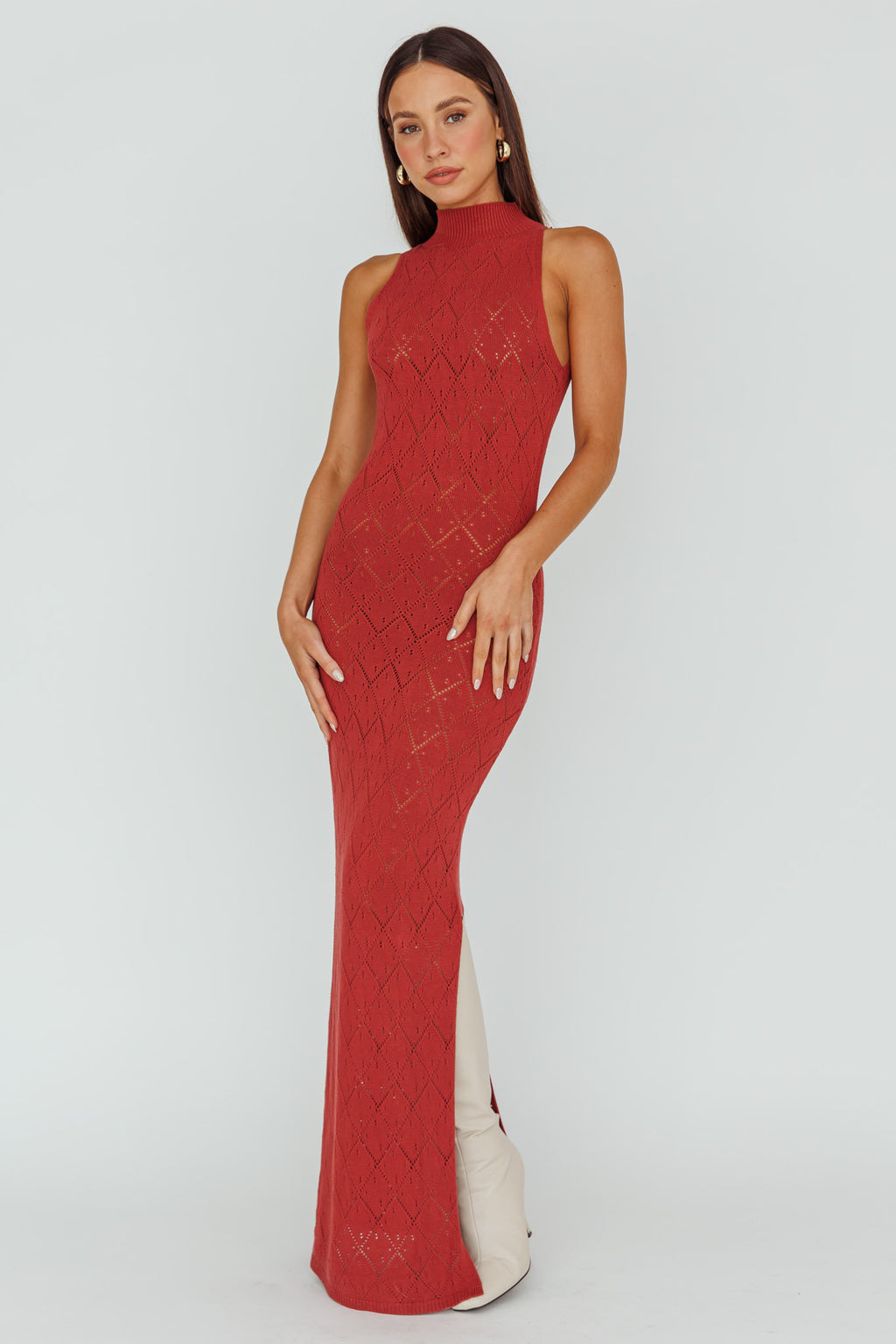 Elisa Sleeveless Crochet Maxi Dress Berry by Selfie Leslie