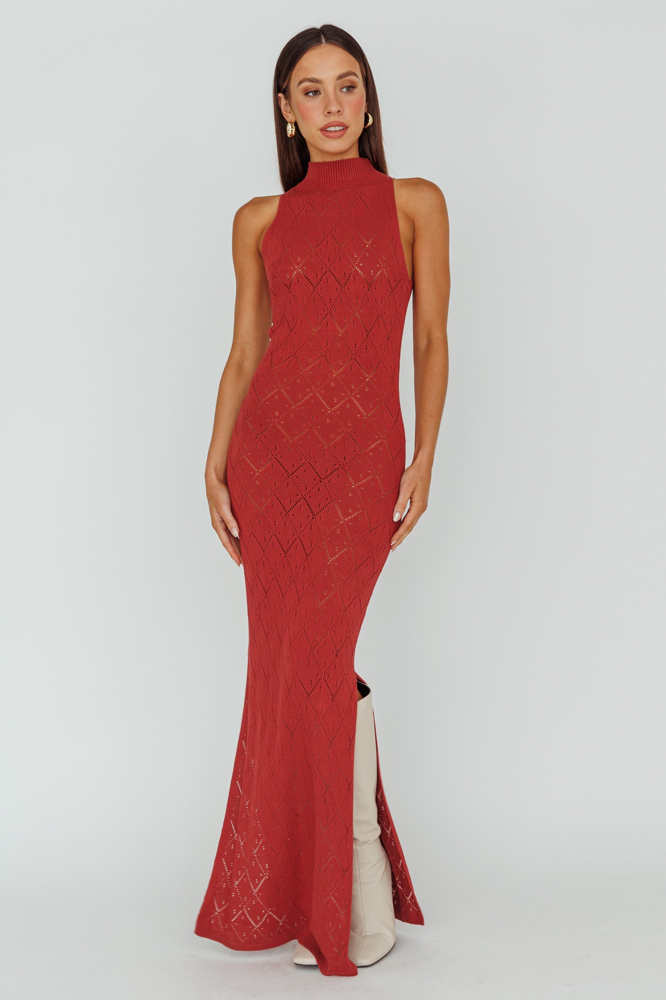 Elisa Sleeveless Crochet Maxi Dress Berry by Selfie Leslie