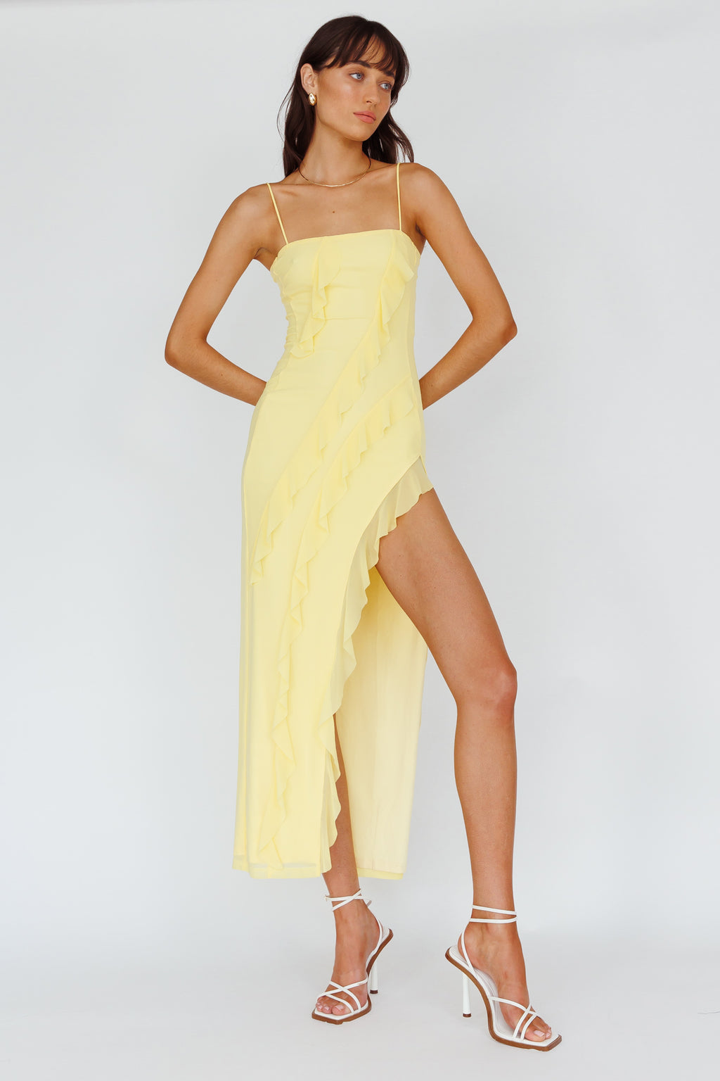 Catriona Split Ruffle Midi Dress Lemon by Selfie Leslie