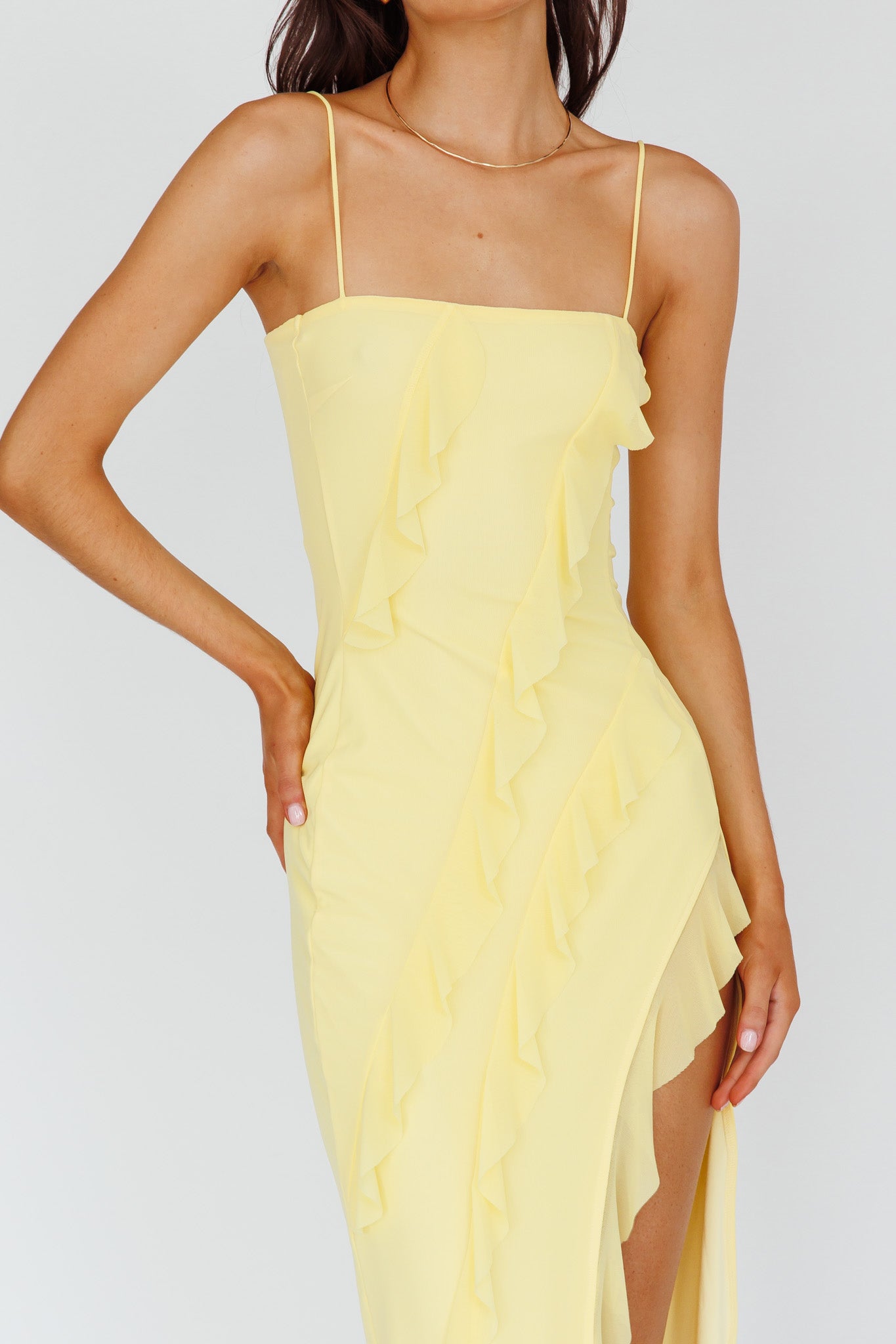 Catriona Split Ruffle Midi Dress Lemon by Selfie Leslie