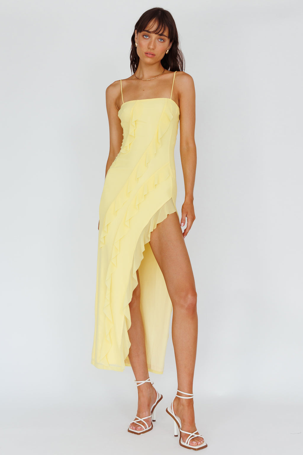 Catriona Split Ruffle Midi Dress Lemon by Selfie Leslie