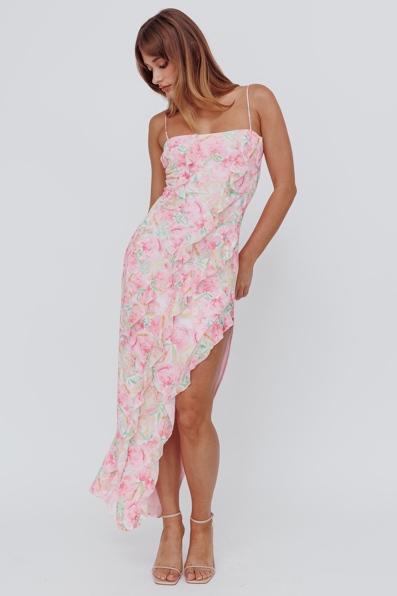 Catriona Split Ruffle Midi Dress Floral Yellow by Selfie Leslie
