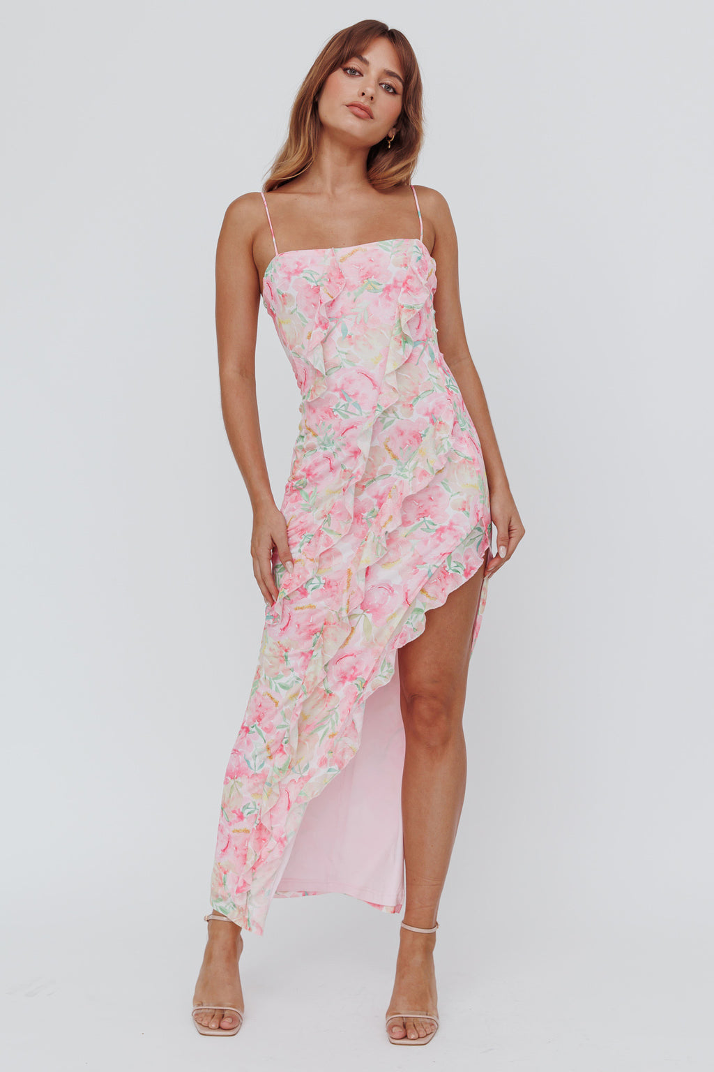 Catriona Split Ruffle Midi Dress Floral Yellow by Selfie Leslie