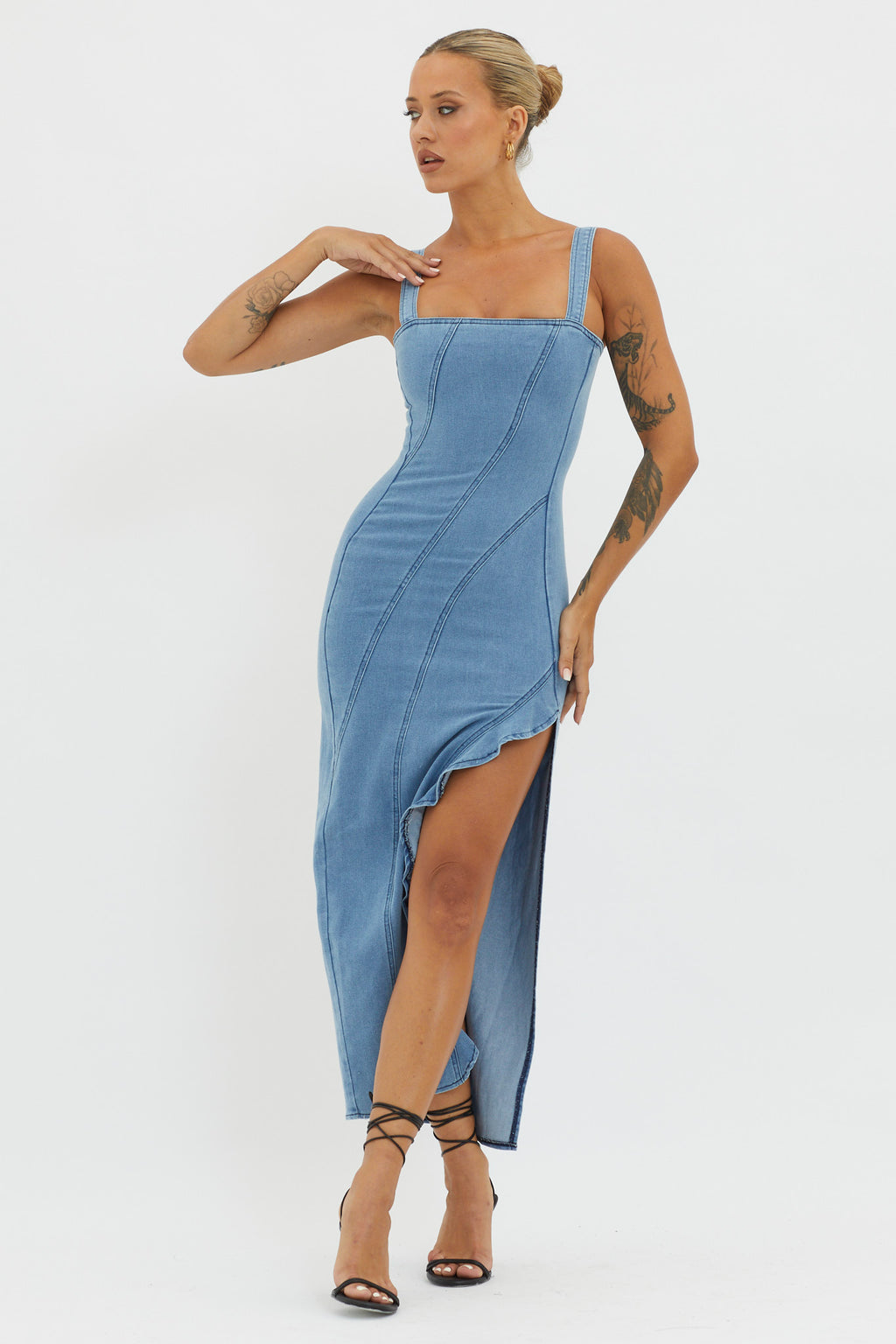 Catriona Ruffle Split Midi Dress Denim by Selfie Leslie