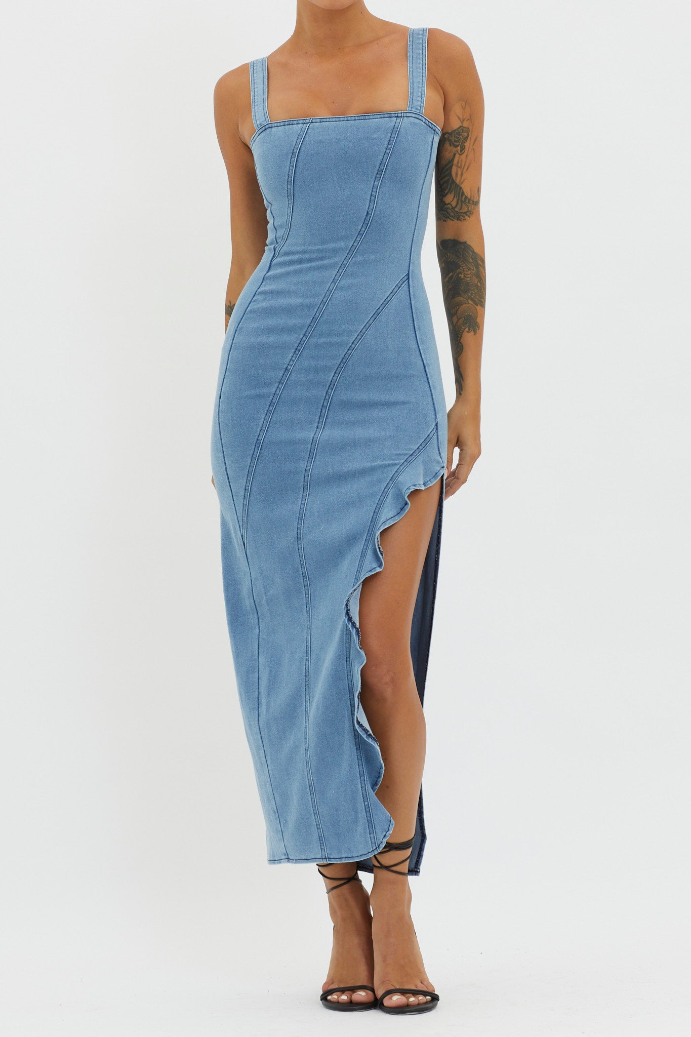 Catriona Ruffle Split Midi Dress Denim by Selfie Leslie