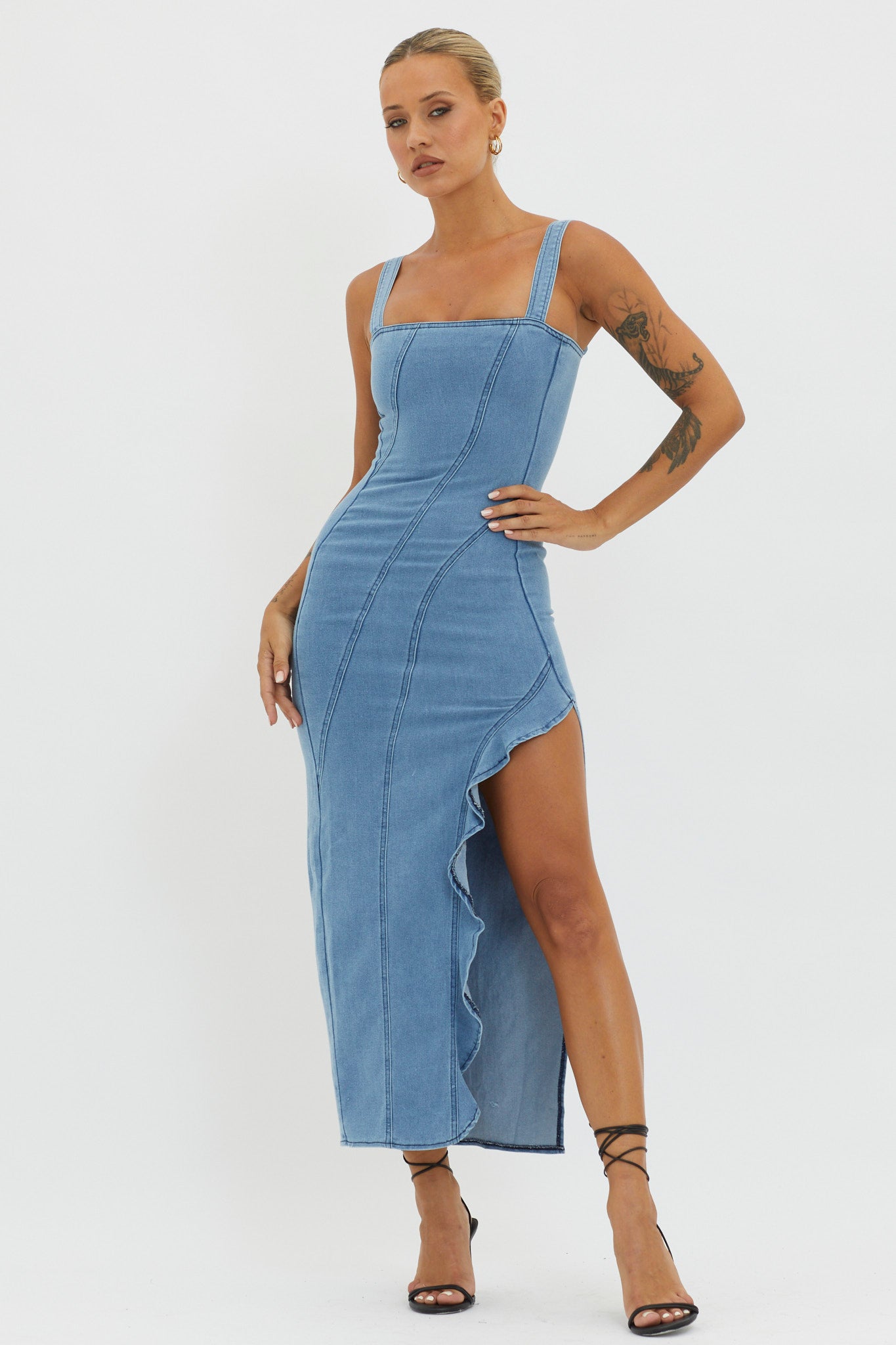 Catriona Ruffle Split Midi Dress Denim by Selfie Leslie