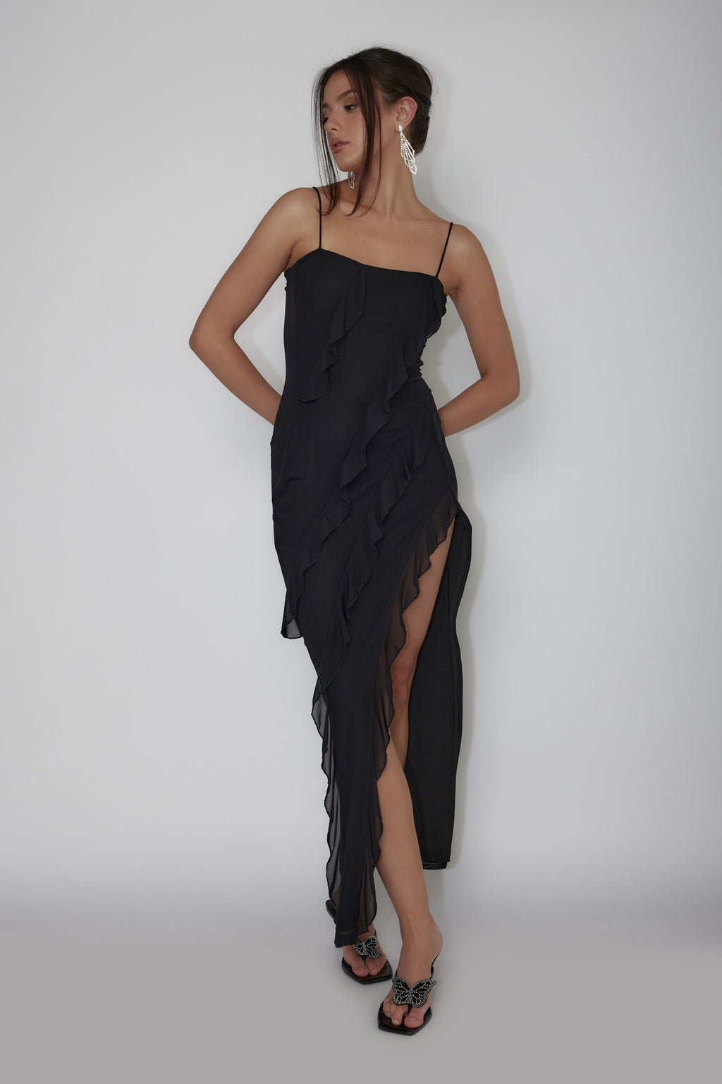 Catriona Split Ruffle Midi Dress Black by Selfie Leslie