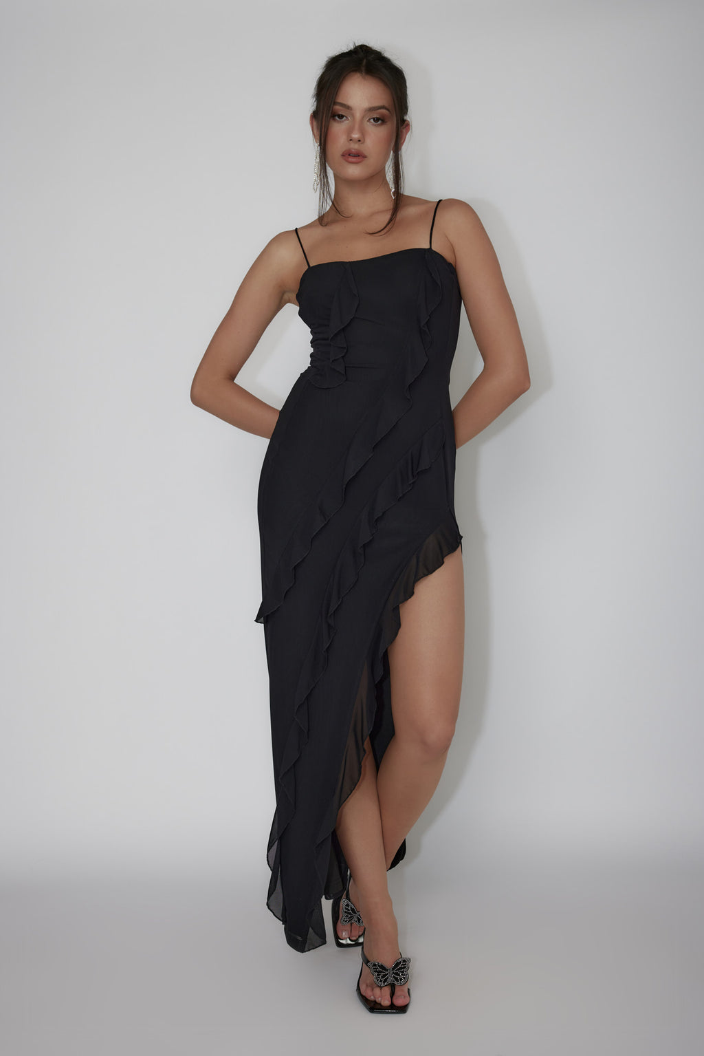 Catriona Split Ruffle Midi Dress Black by Selfie Leslie