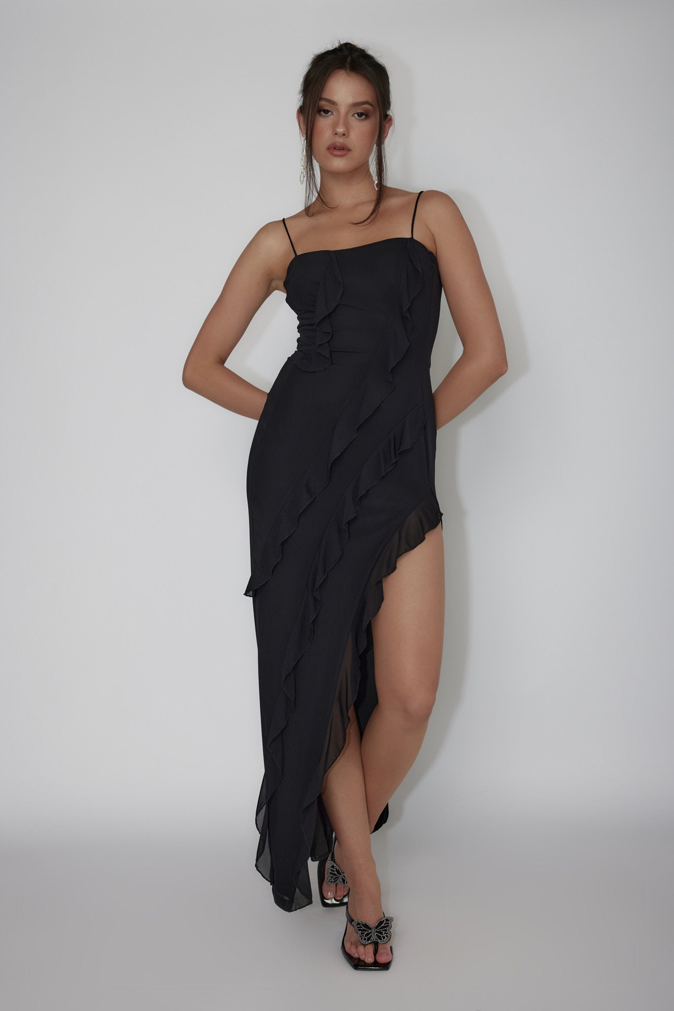 Shop the Catriona Split Ruffle Midi Dress Black | Selfie Leslie