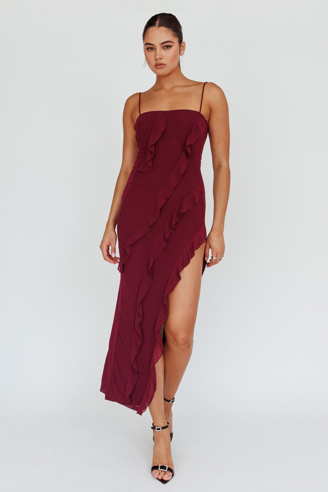 Catriona Split Ruffle Midi Dress Grape by Selfie Leslie