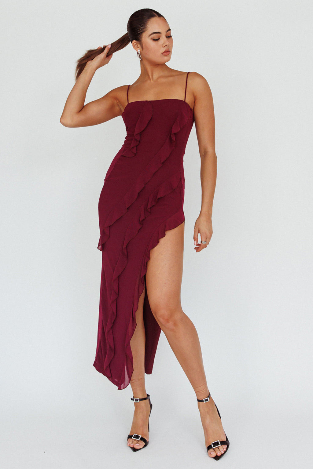 Catriona Split Ruffle Midi Dress Grape by Selfie Leslie