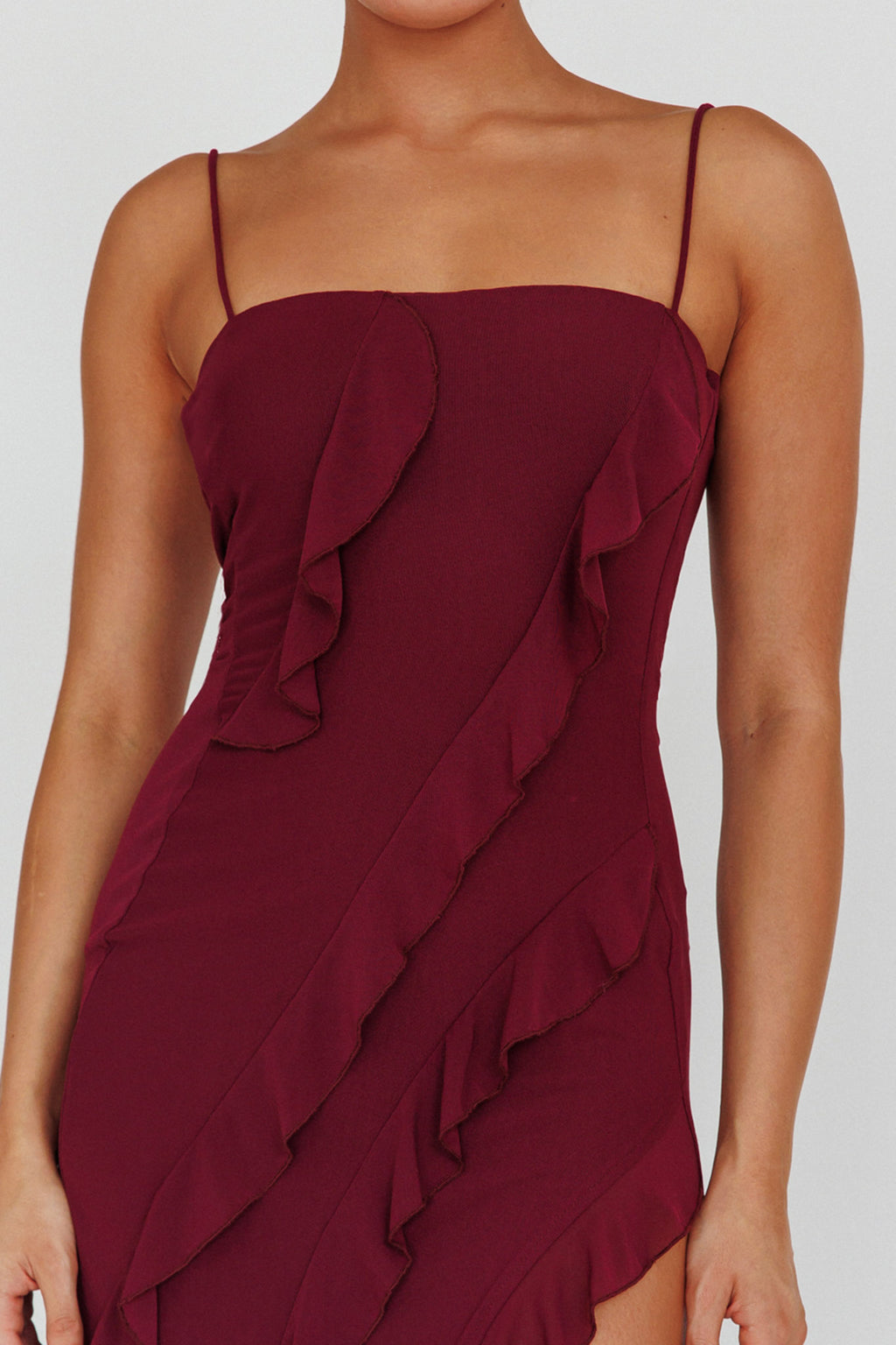 Catriona Split Ruffle Midi Dress Grape by Selfie Leslie