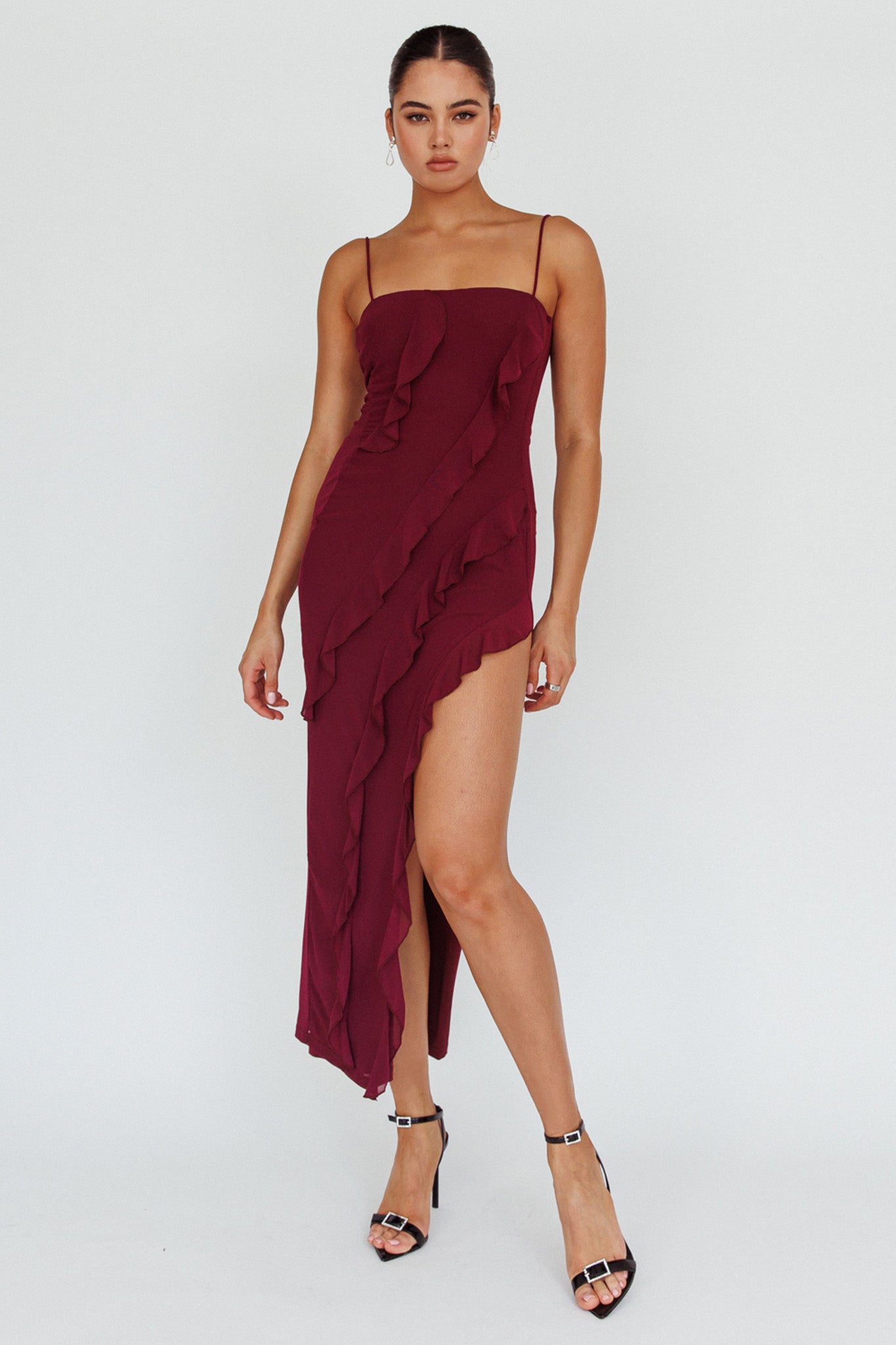 Catriona Split Ruffle Midi Dress Grape by Selfie Leslie