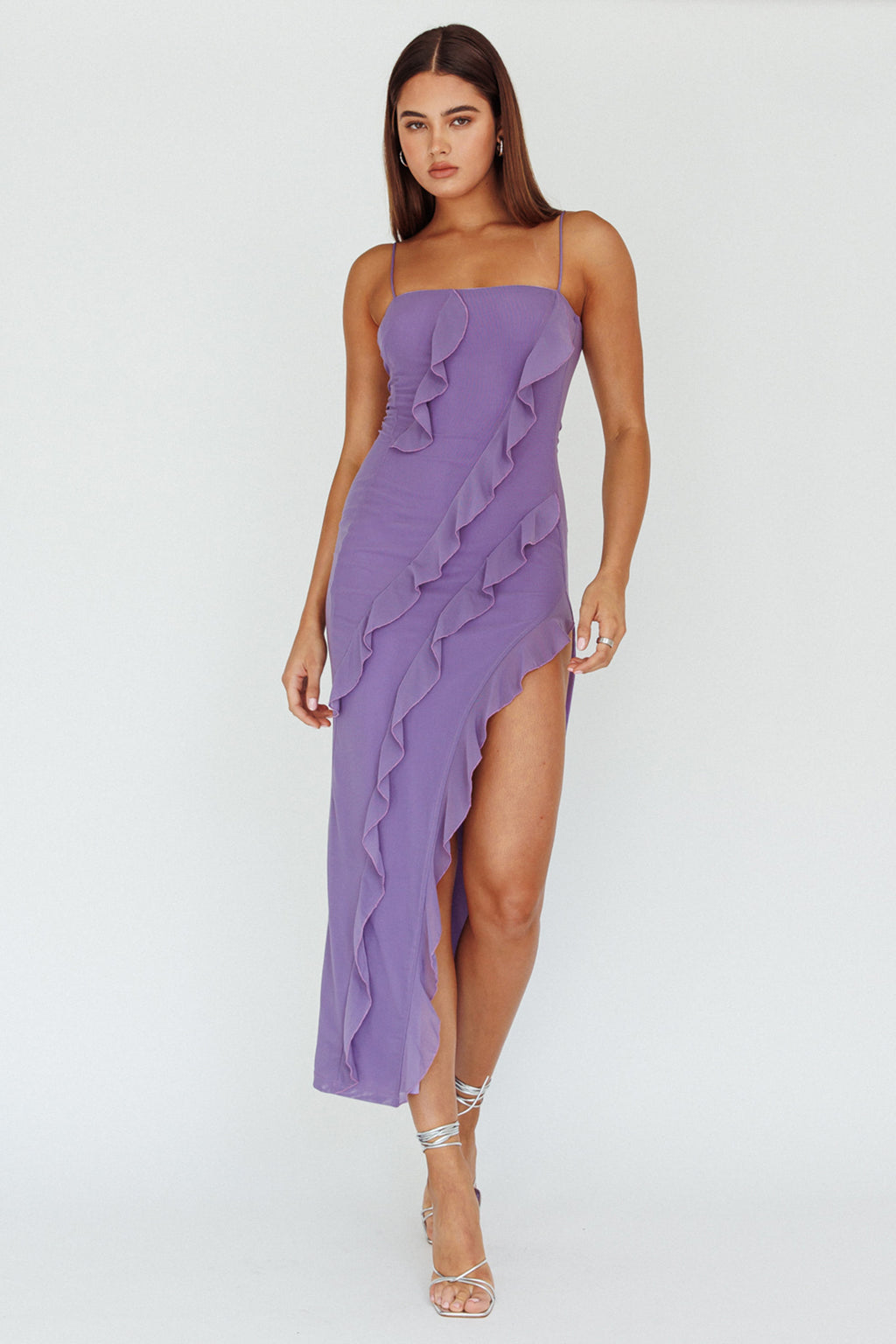 Catriona Split Ruffle Midi Dress Mauve by Selfie Leslie
