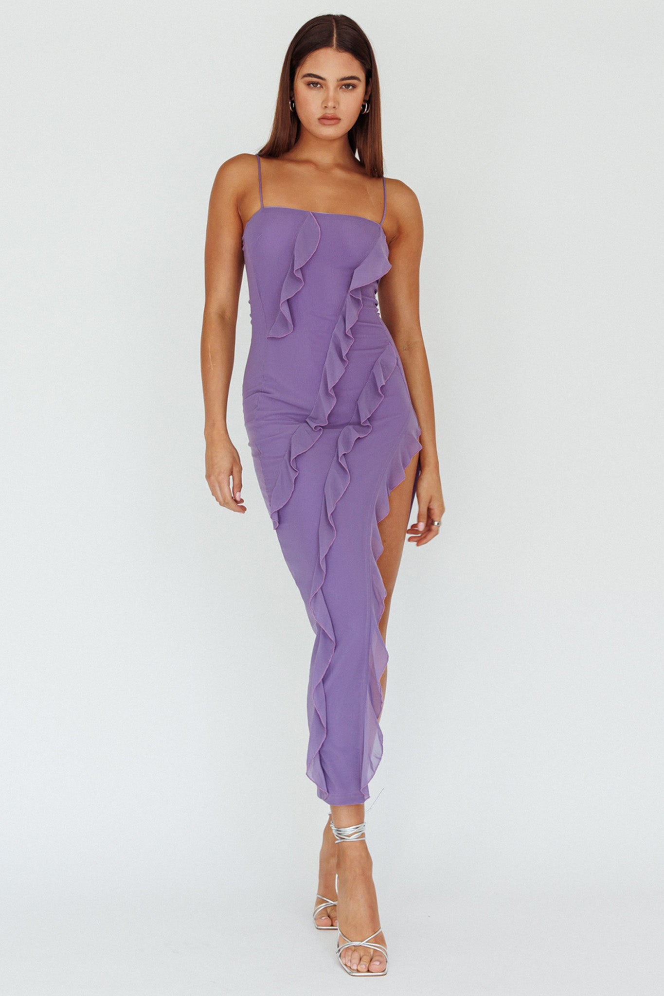 Catriona Split Ruffle Midi Dress Mauve by Selfie Leslie