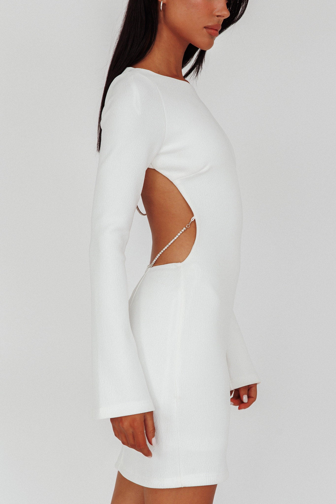 Lakshmi Long Sleeve Open Back Mini Dress White by Selfie Leslie