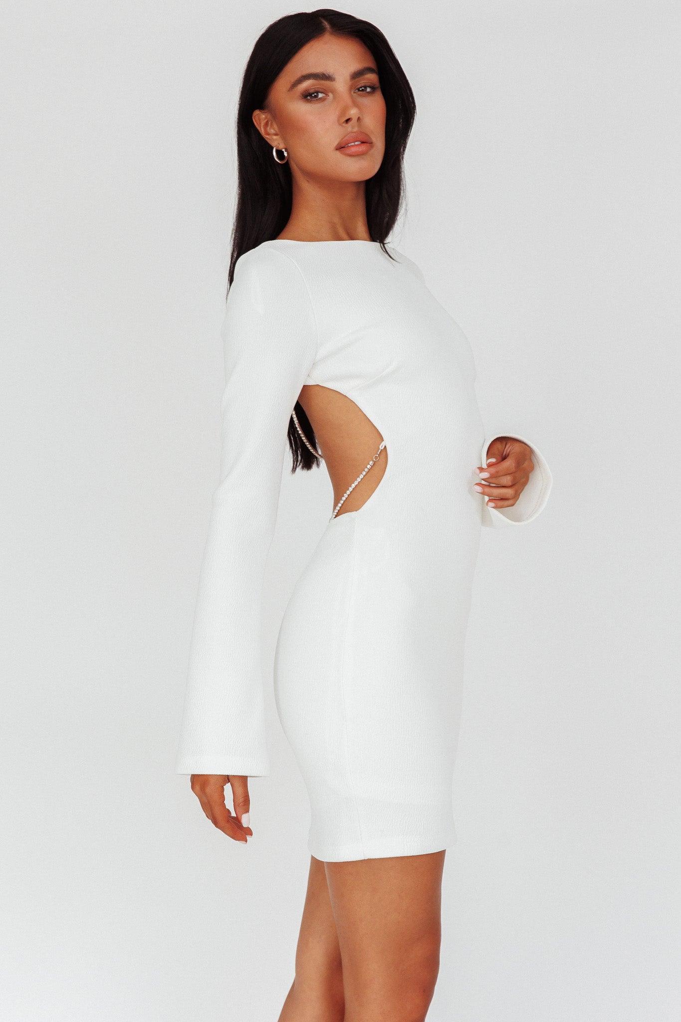 Lakshmi Long Sleeve Open Back Mini Dress White by Selfie Leslie