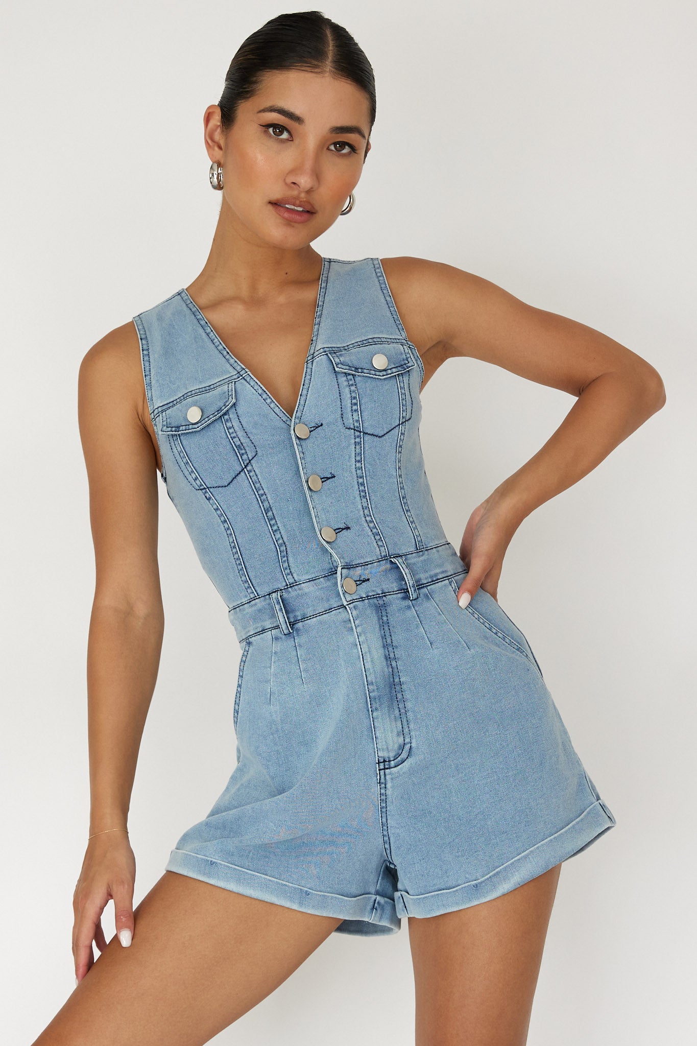 Jazelle Button Front Romper Denim by Selfie Leslie