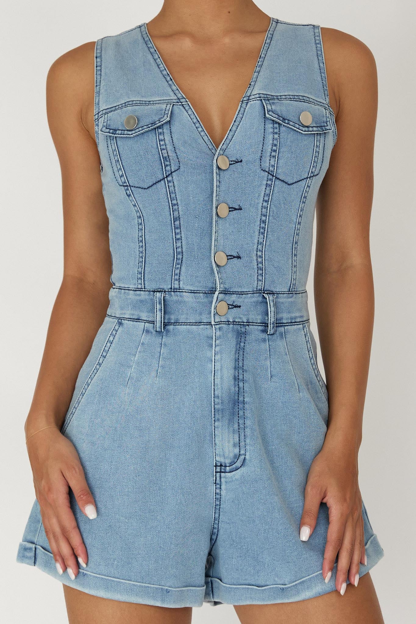 Jazelle Button Front Romper Denim by Selfie Leslie