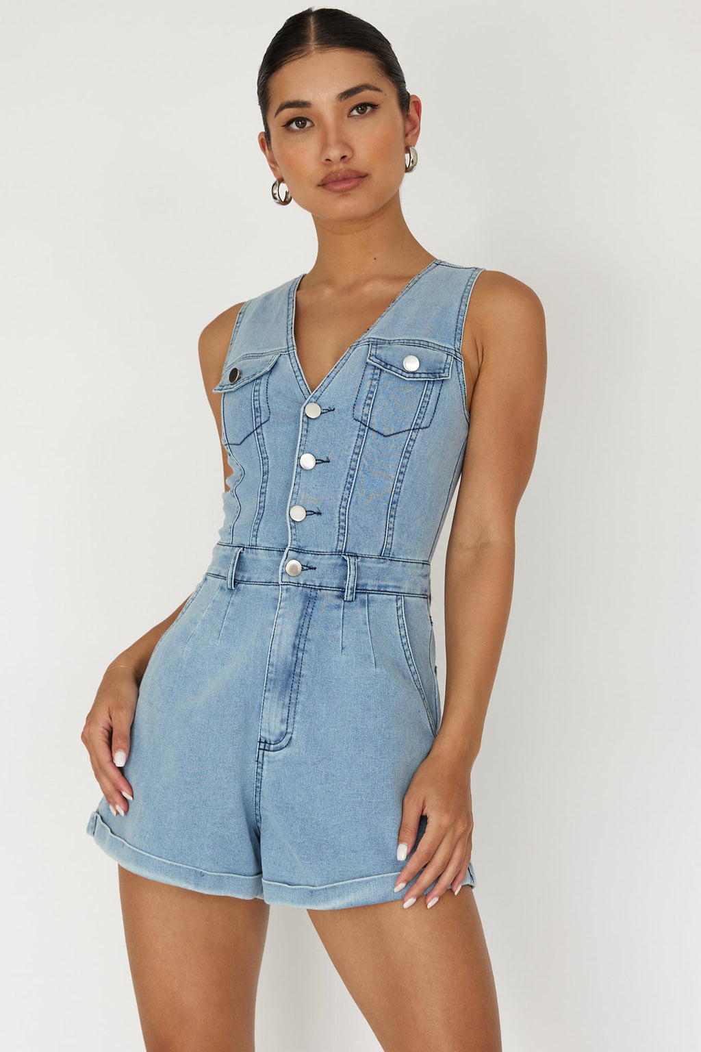 Jazelle Button Front Romper Denim by Selfie Leslie