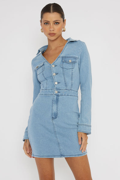 women's denim dress near me Jazelle Long Sleeve Mini Short La Femme Navy 55 Bust Color:Red-Green Resort kaftan