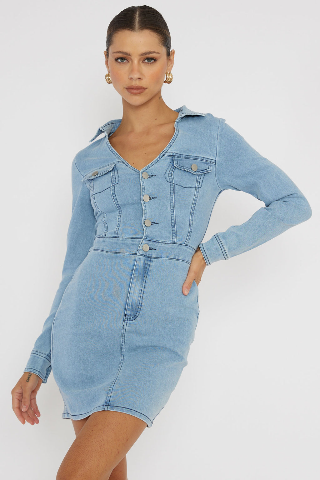 Jazelle Long Sleeve Mini Dress Denim by Selfie Leslie