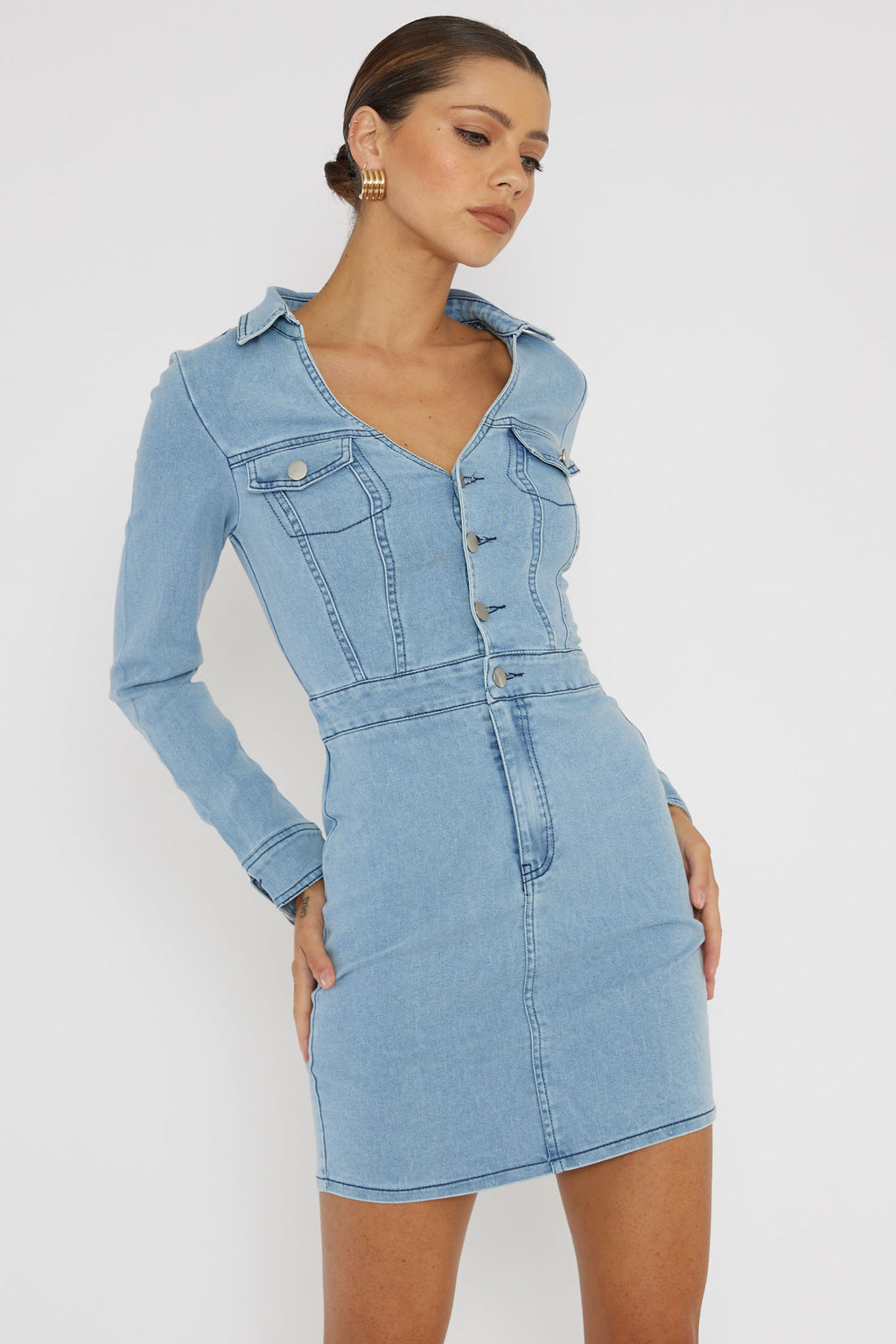 Jazelle Long Sleeve Mini Dress Denim by Selfie Leslie