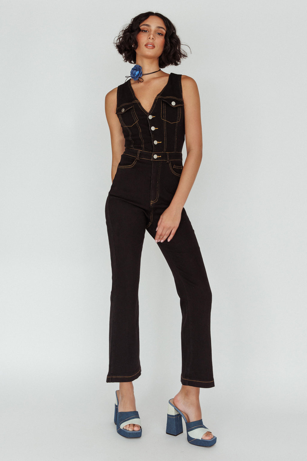 Jazelle Button Front Jumpsuit Black by Selfie Leslie
