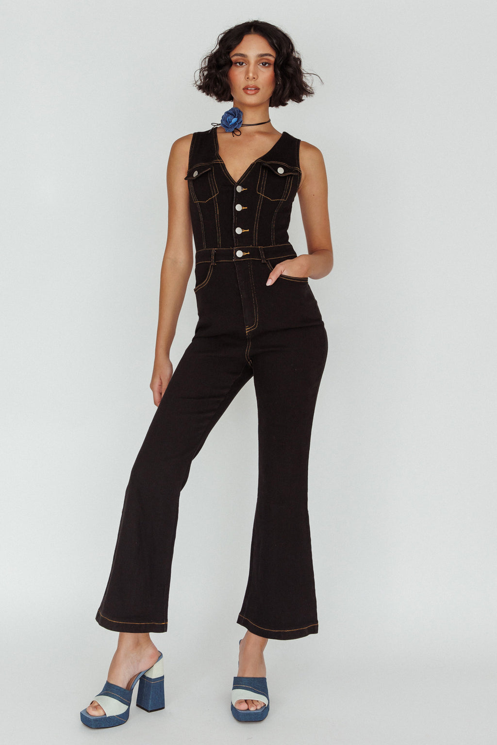 Jazelle Button Front Jumpsuit Black by Selfie Leslie