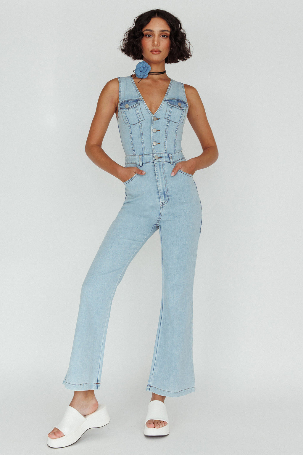 Jazelle Button Front Jumpsuit Washed Blue by Selfie Leslie