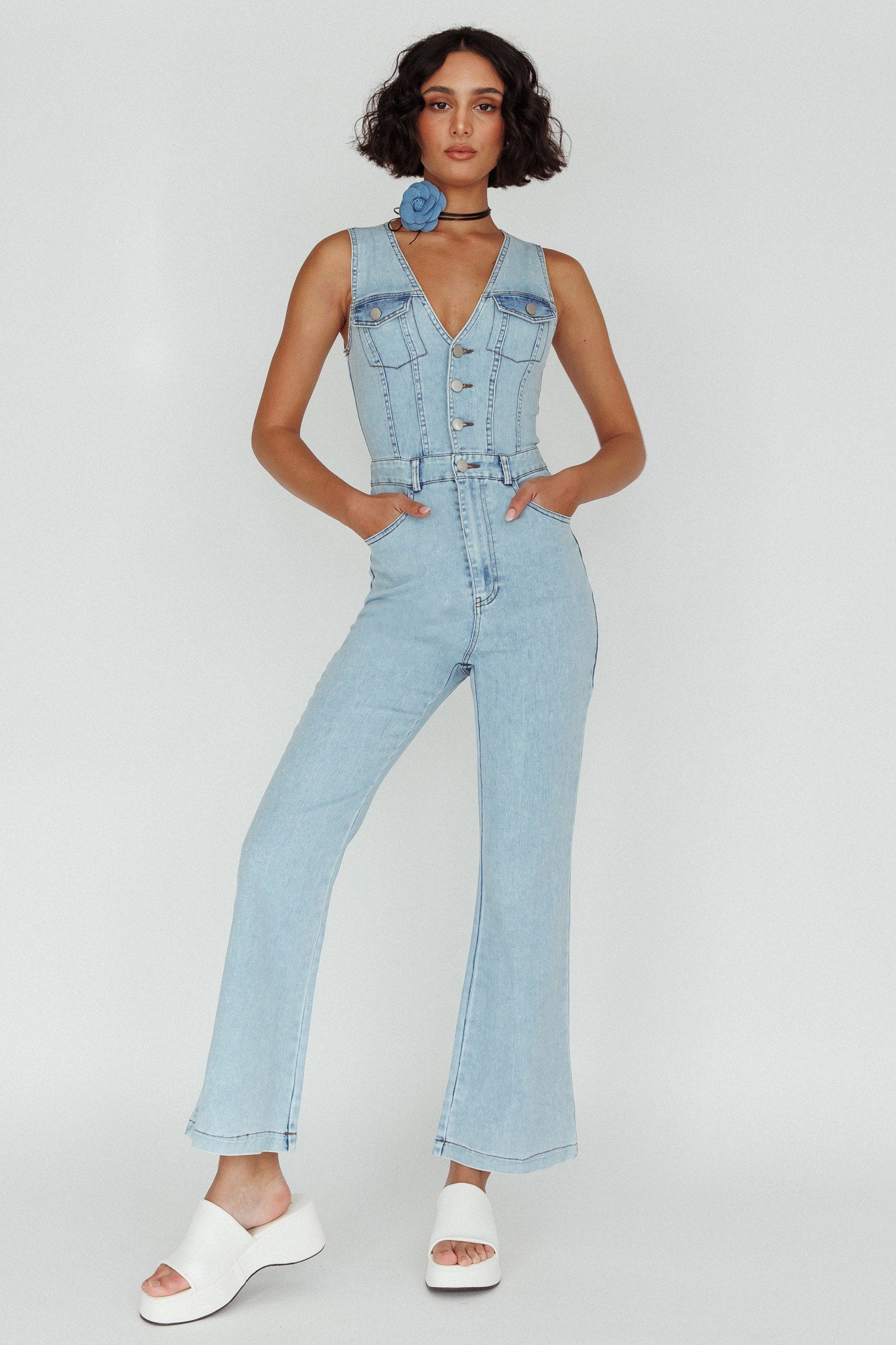 Jazelle Button Front Jumpsuit Washed Blue by Selfie Leslie