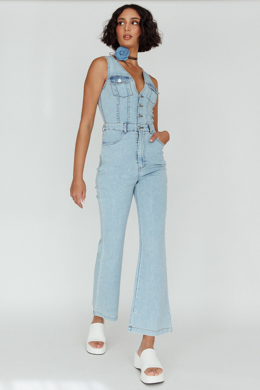 Jazelle Button Front Jumpsuit Washed Blue by Selfie Leslie