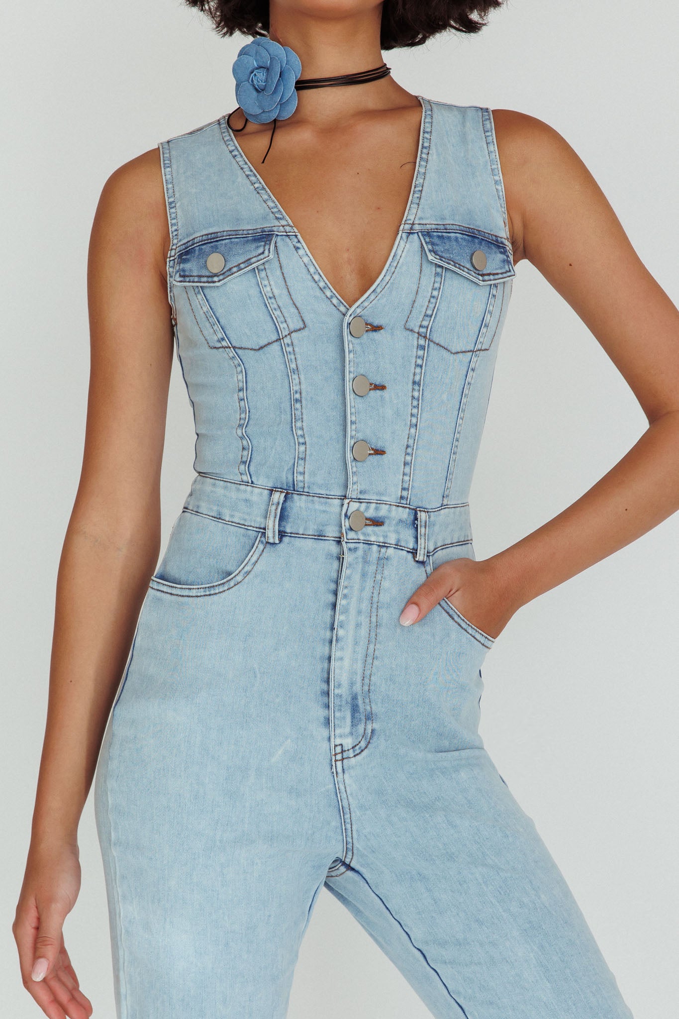Jazelle Button Front Jumpsuit Washed Blue by Selfie Leslie