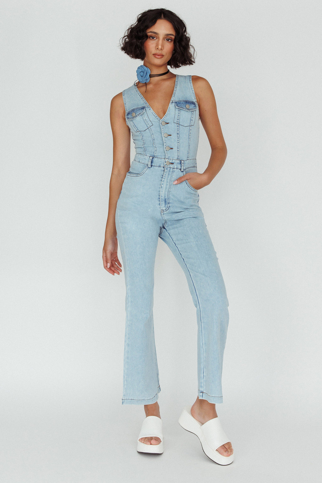 Jazelle Button Front Jumpsuit Washed Blue by Selfie Leslie
