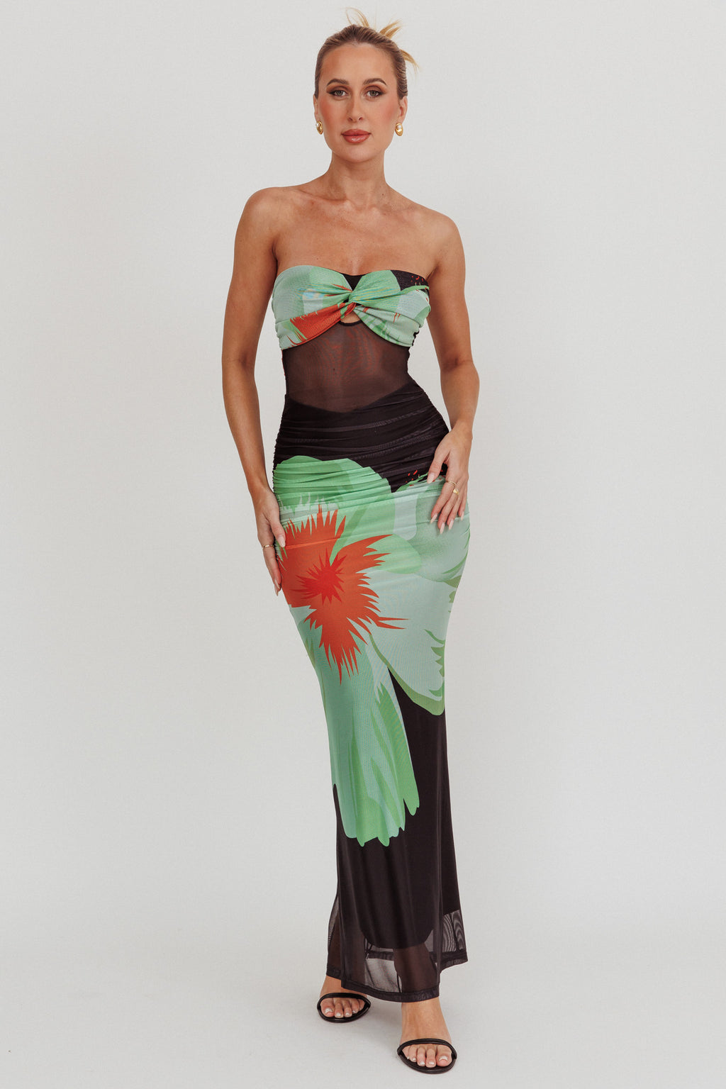 Oliana Sheer Waist Floral Maxi Dress Black by Selfie Leslie