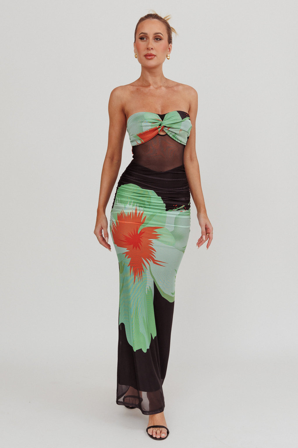 Oliana Sheer Waist Floral Maxi Dress Black by Selfie Leslie