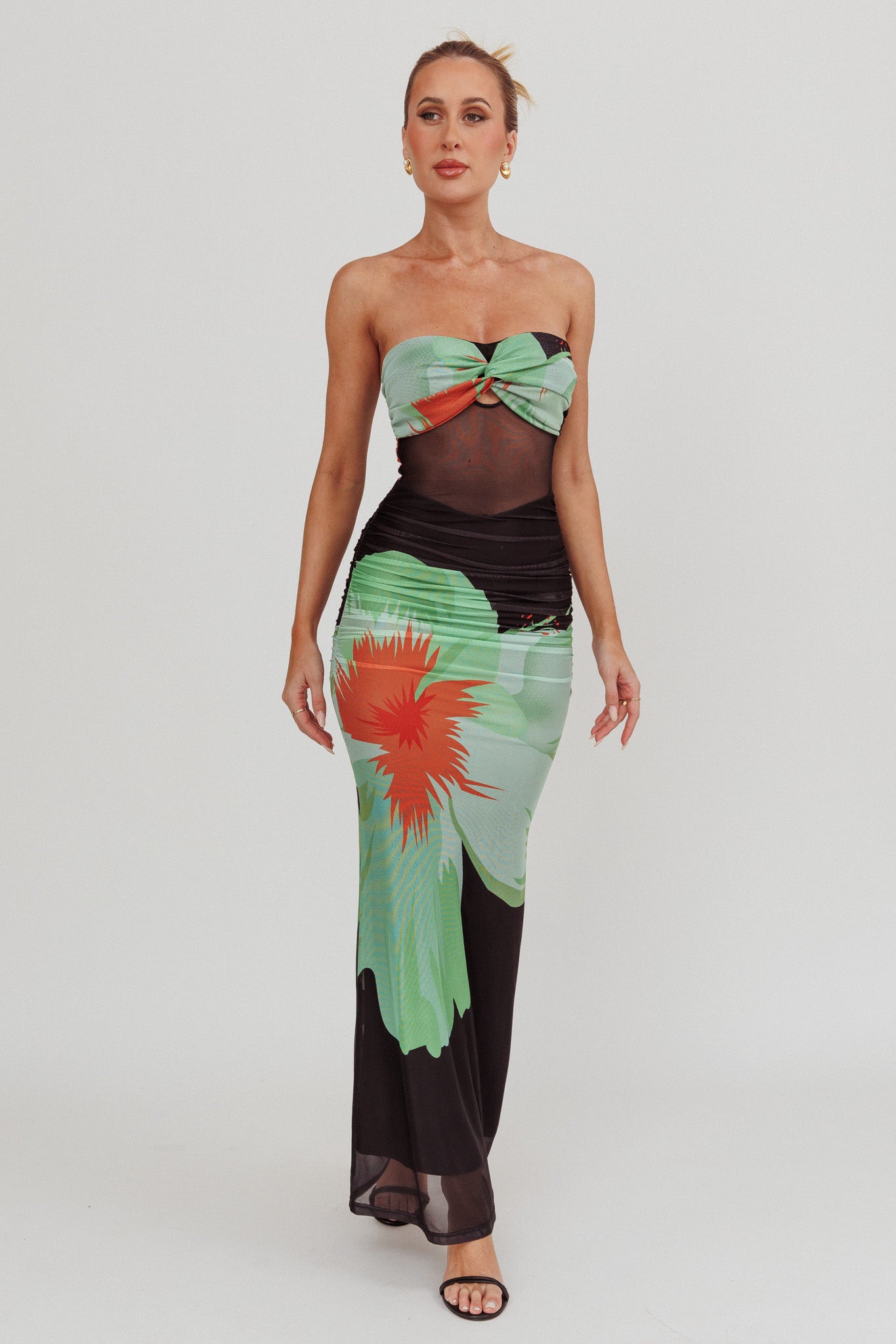 Oliana Sheer Waist Floral Maxi Dress Black by Selfie Leslie