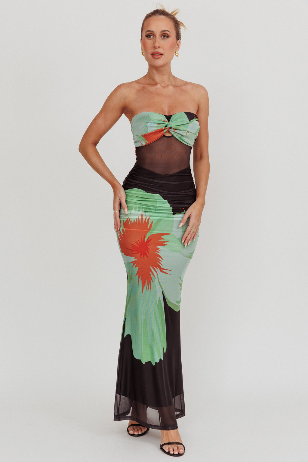 Oliana Sheer Waist Floral Maxi Dress Black by Selfie Leslie