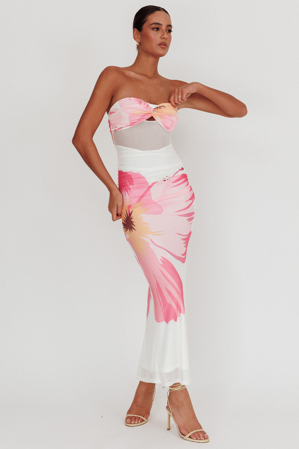 Oliana Sheer Waist Floral Maxi Dress White by Selfie Leslie