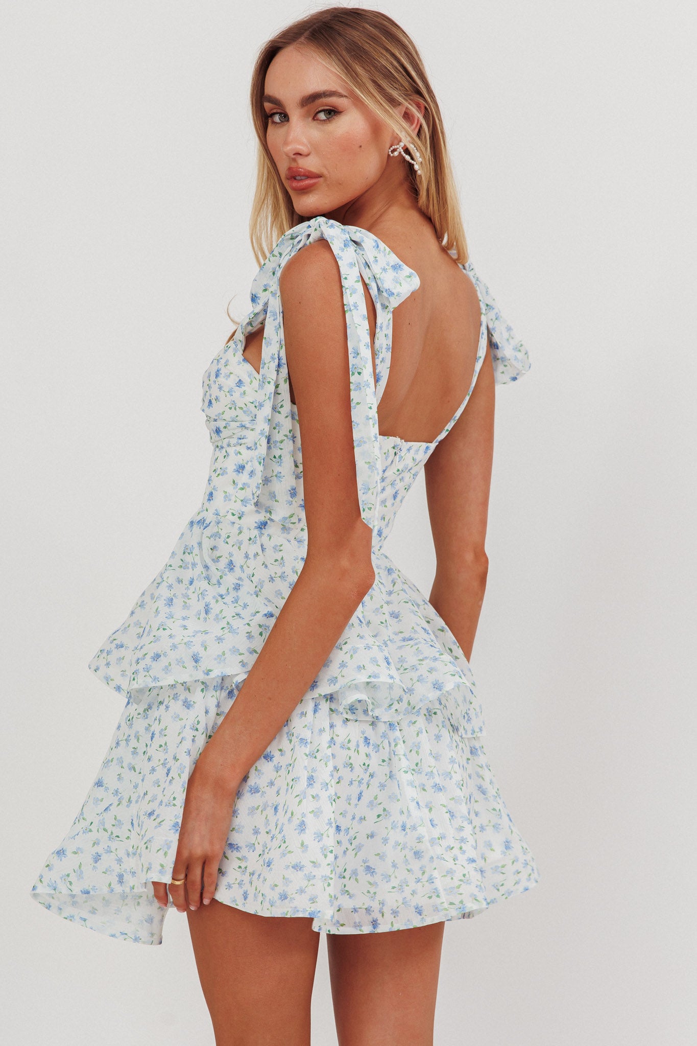 Oliana Tied Shoulder Tiered Mini Dress Floral Blue by Selfie Leslie