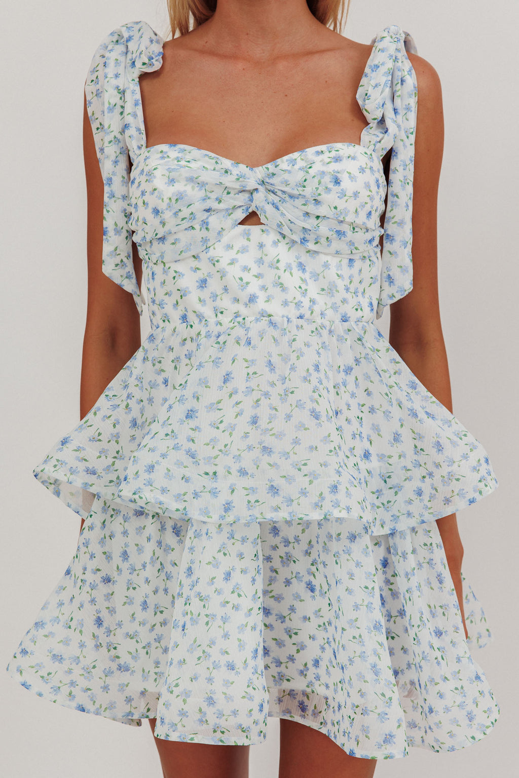 Oliana Tied Shoulder Tiered Mini Dress Floral Blue by Selfie Leslie