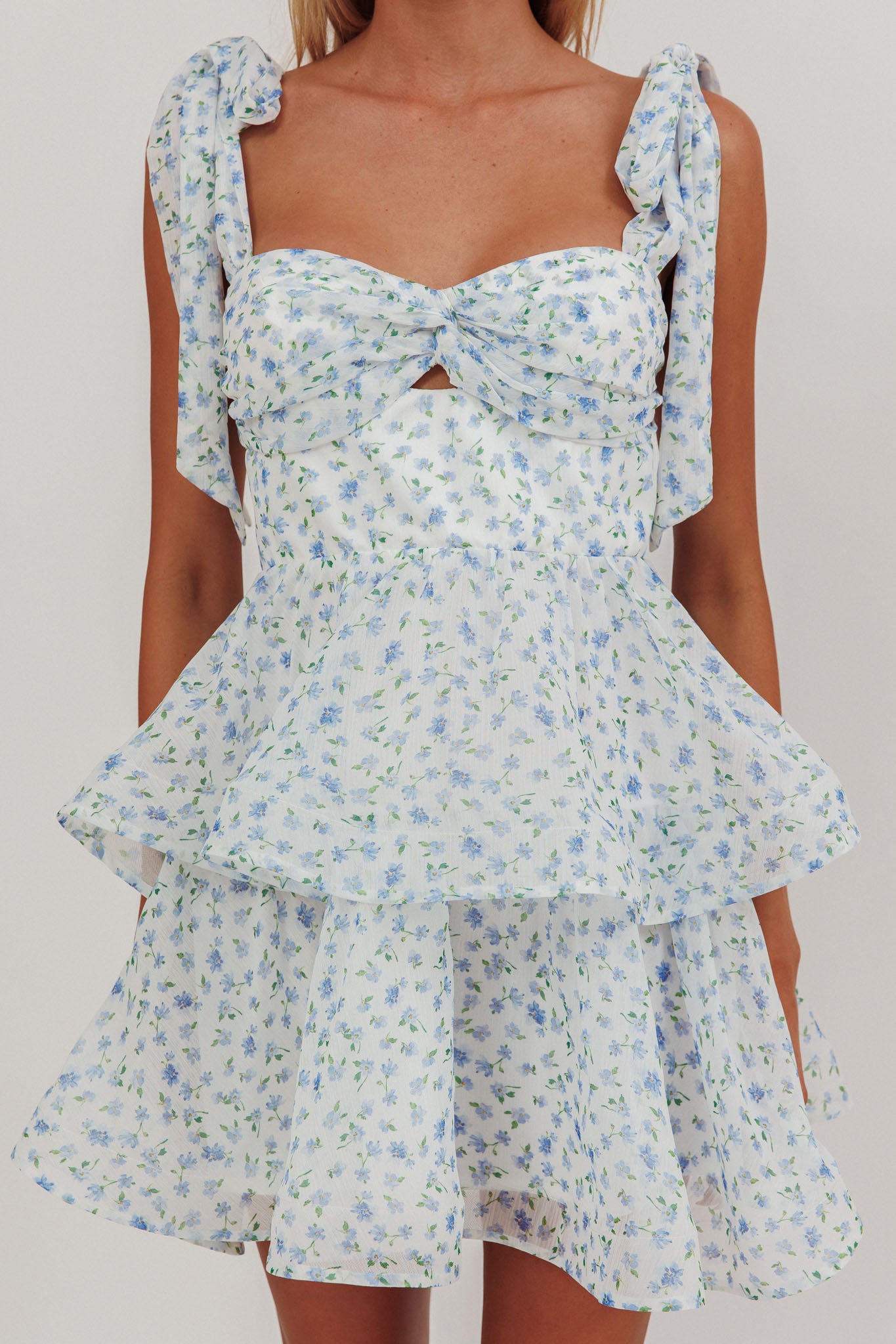 Oliana Tied Shoulder Tiered Mini Dress Floral Blue by Selfie Leslie