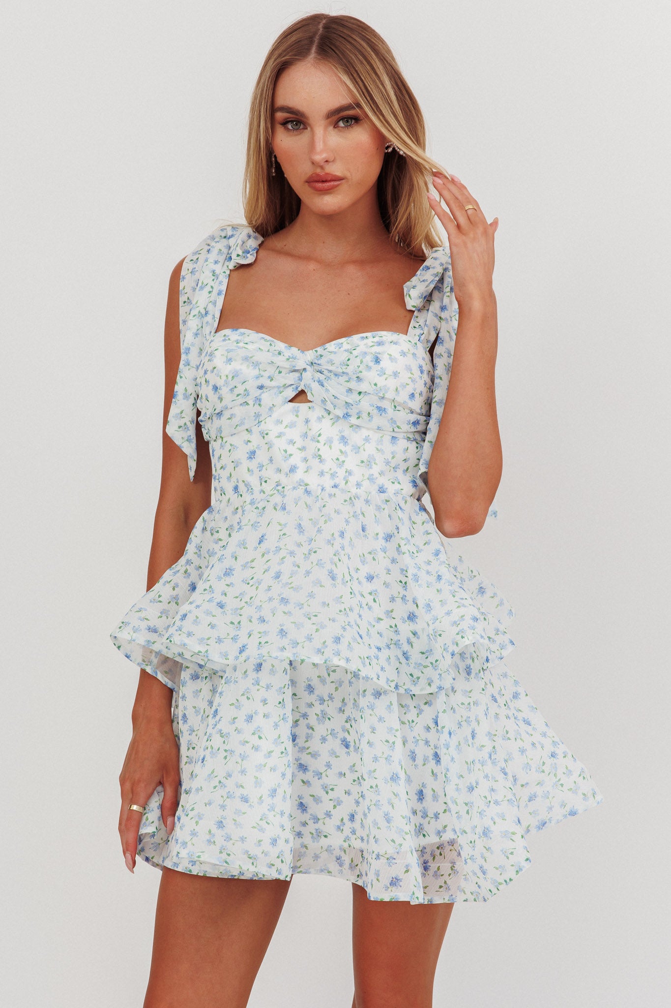 Oliana Tied Shoulder Tiered Mini Dress Floral Blue by Selfie Leslie