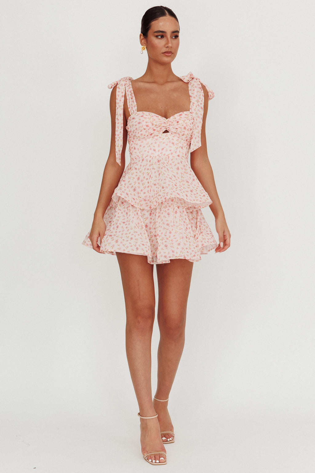 Oliana Tied Shoulder Tiered Mini Dress Peach by Selfie Leslie