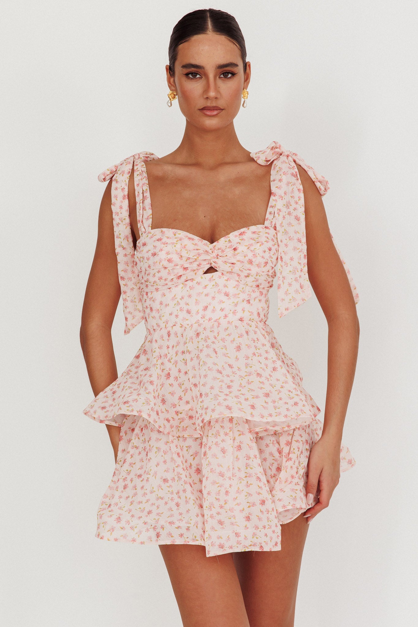 Oliana Tied Shoulder Tiered Mini Dress Peach by Selfie Leslie