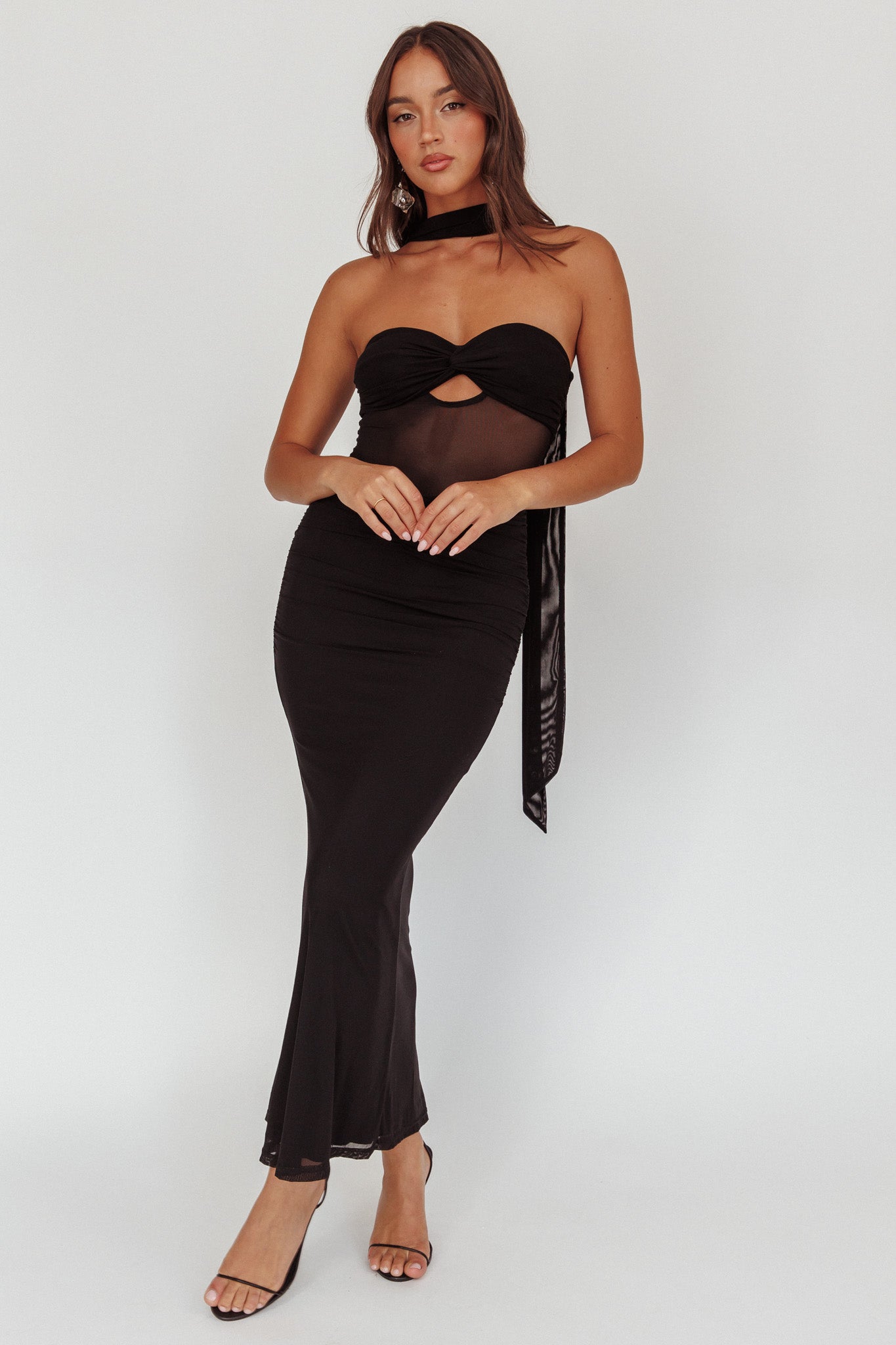 Oliana Strapless Mesh Maxi Dress Black by Selfie Leslie