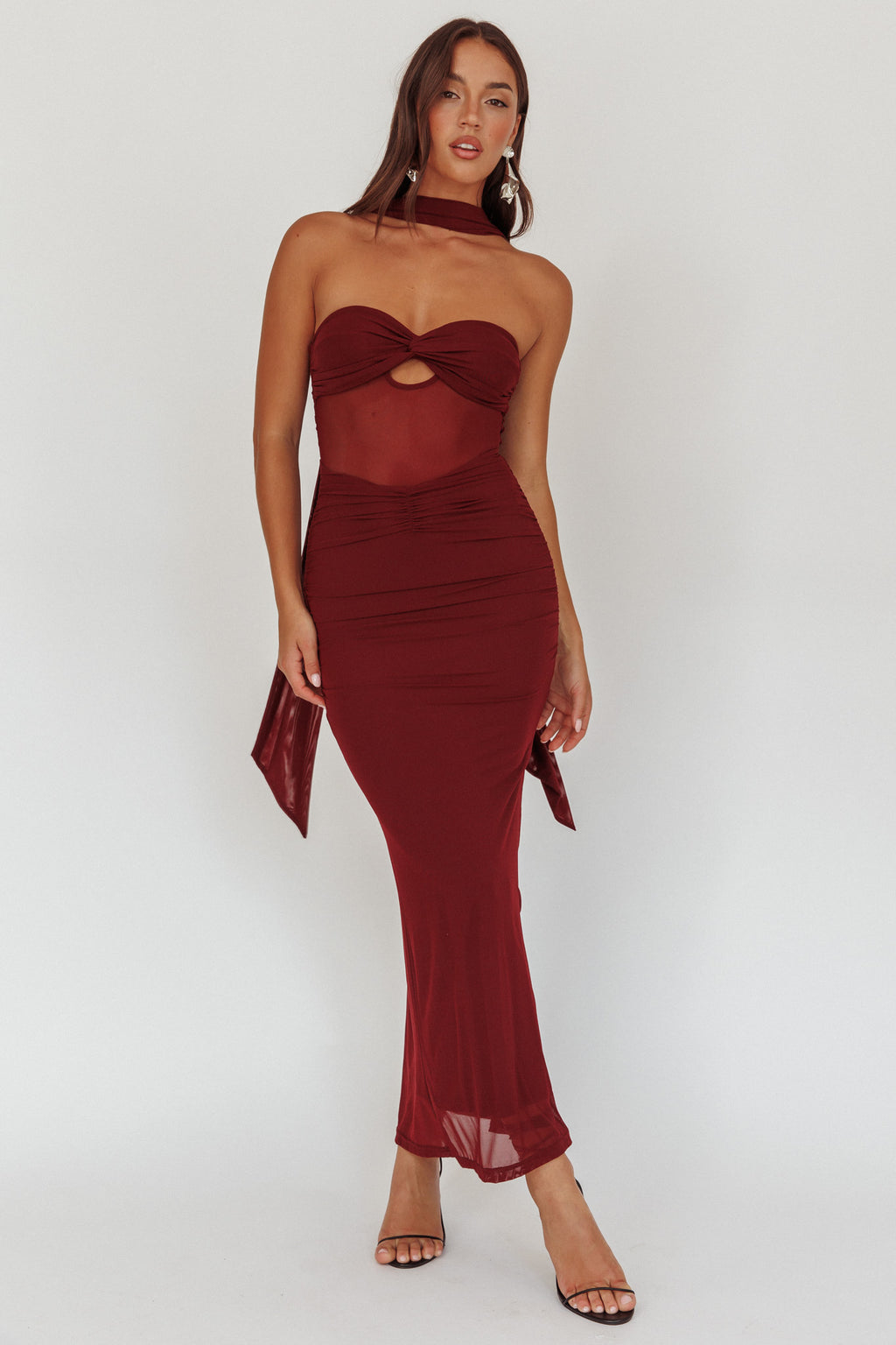 Oliana Strapless Mesh Maxi Dress Wine by Selfie Leslie