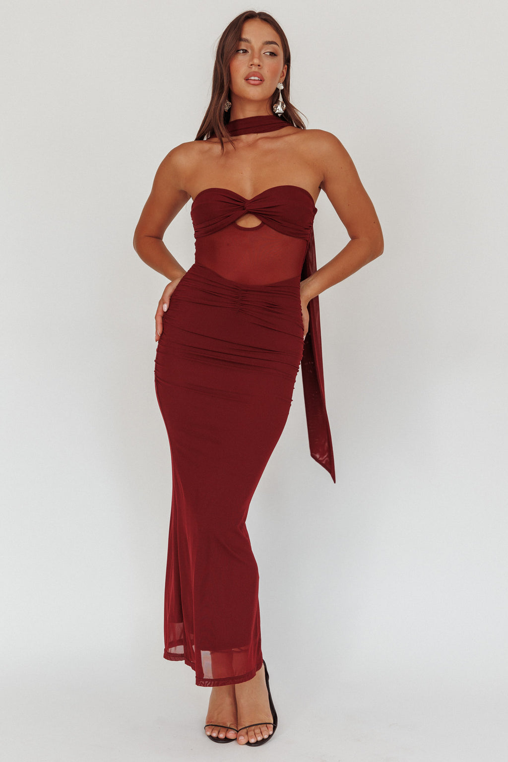 Oliana Strapless Mesh Maxi Dress Wine by Selfie Leslie
